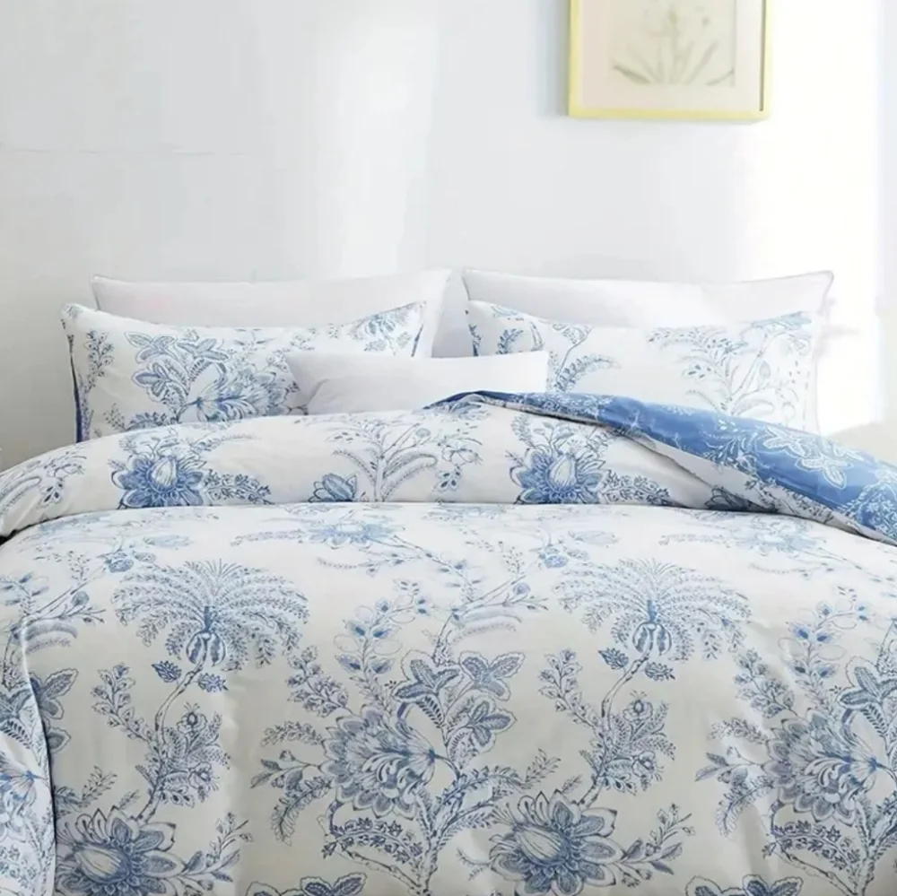 King Size Duvet Double Sided Print Floral Blue & White Bedding Set 3 Pieces Nwt